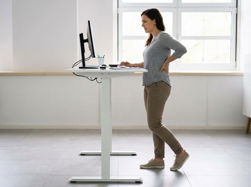Person working at standing desk on hard floor. 