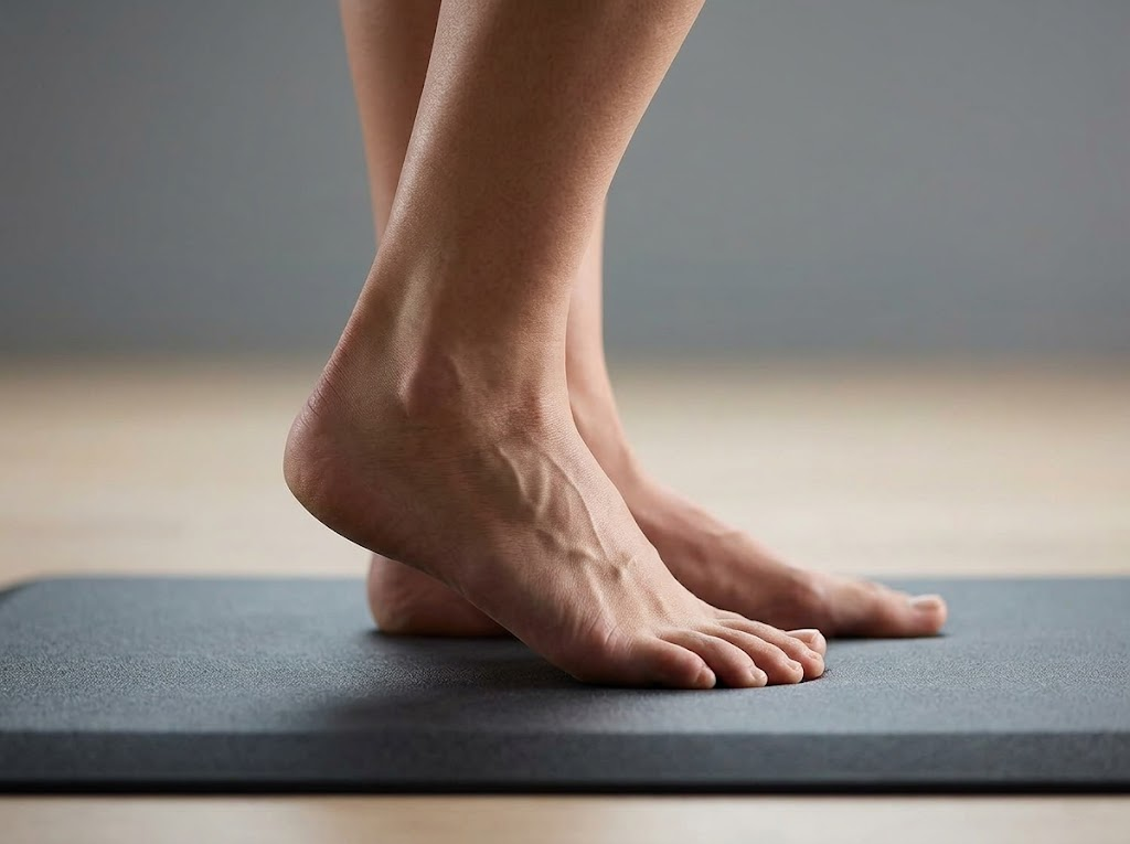 Close-up of bare feet showing muscle engagement on mat. 