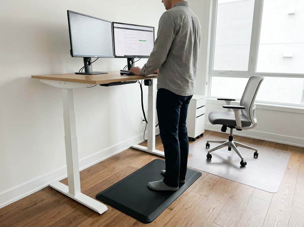Wide shot of a desk with anti-fatigue and chair mats. 