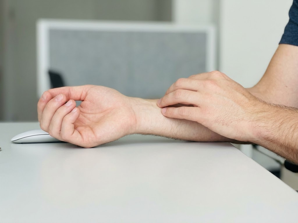 Close-up of a worker recognizing early wrist discomfort. 