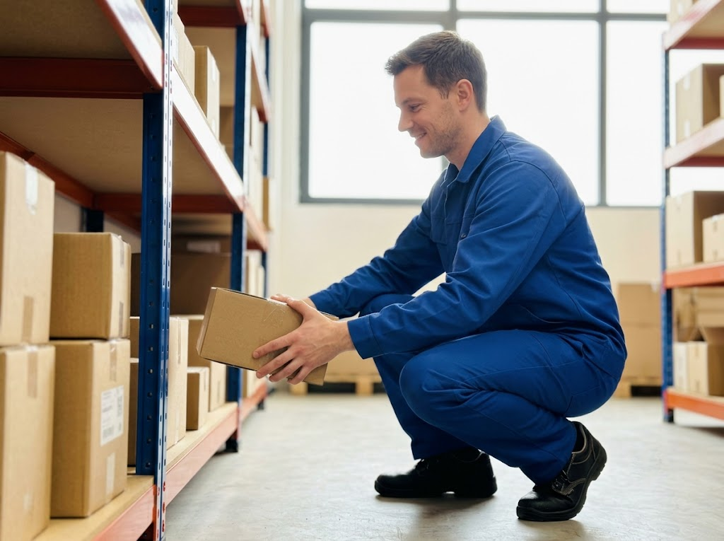 Warehouse worker lifting safely with proper form, using their legs. 