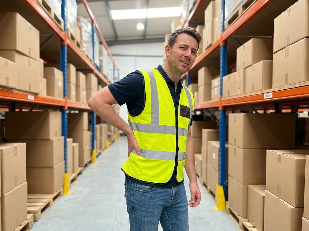 Worker holding his back in a warehouse. 
