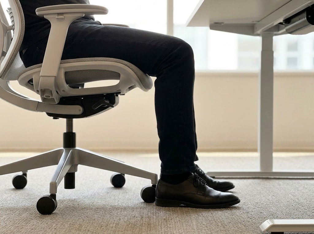 Seated legs showing correct knee angle and flat feet. 