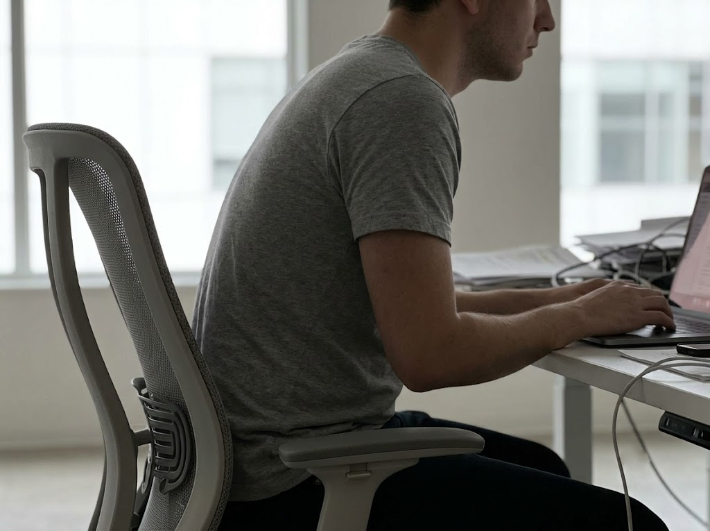 Person perched forward on the edge of a chair, showing poor posture. 