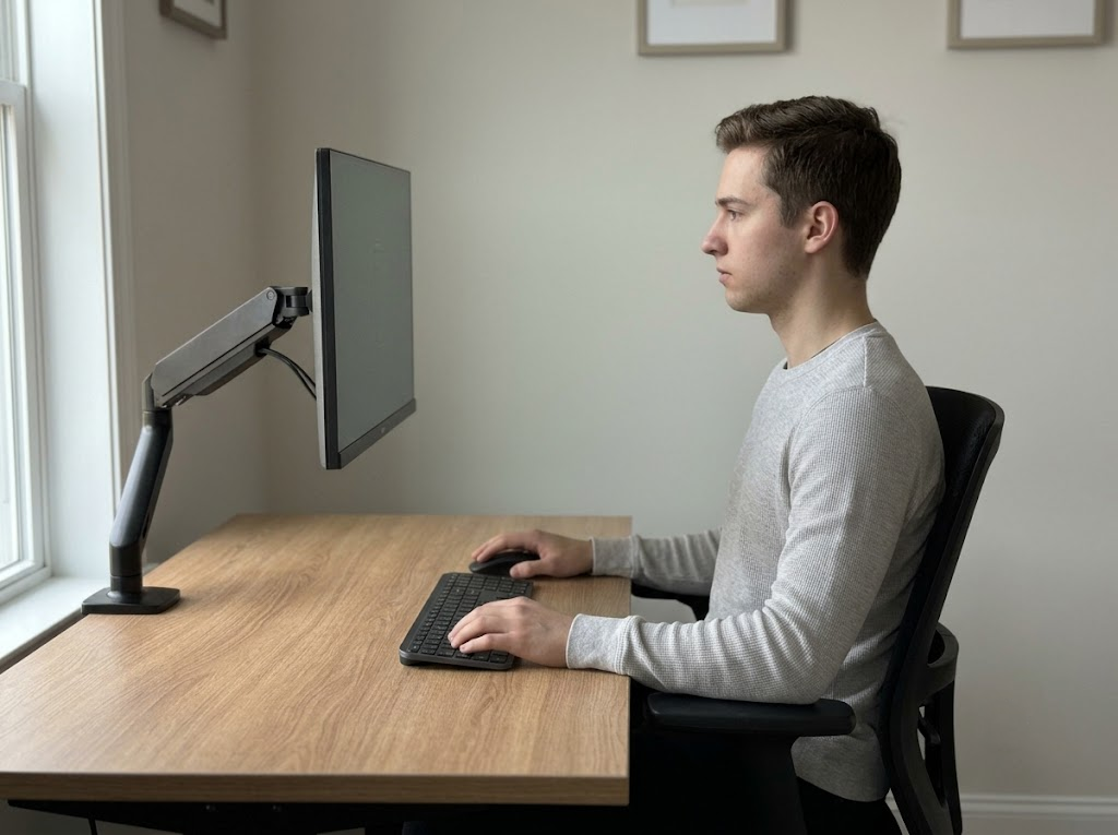 Person seated at correct distance from arm-mounted monitor.Â