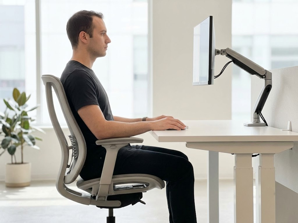 Person in a neutral posture, viewing a screen at eye level.Â