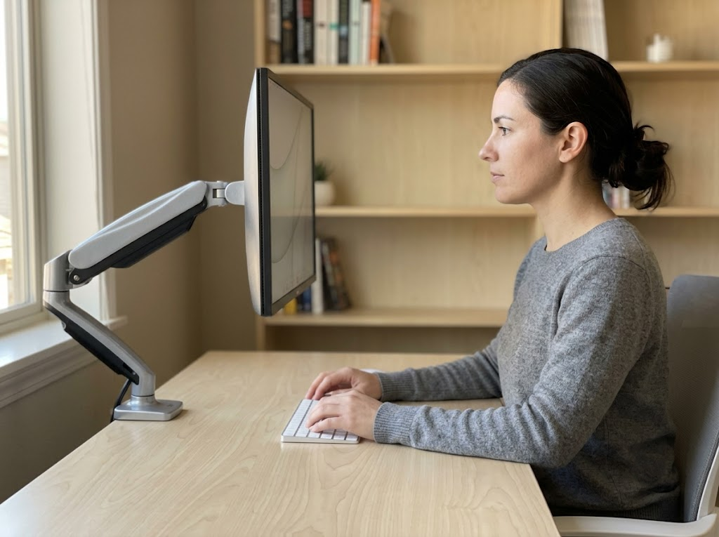 Person in neutral posture viewing screen at eye levelÂ