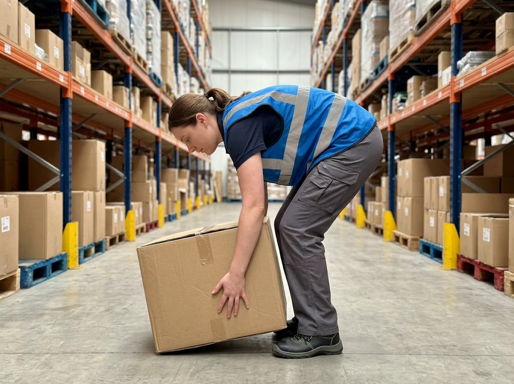 Warehouse worker bending to lift a heavy box 