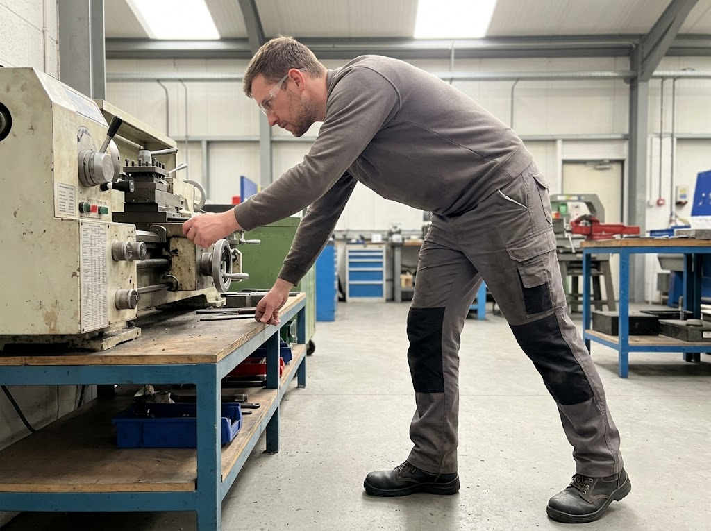 Side view of worker with bent trunk and flexed legs 