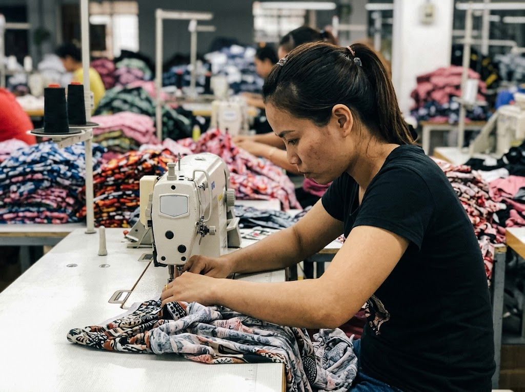 Garment worker operating a sewing machine at a station 