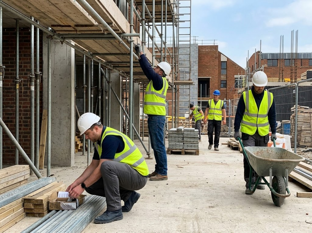 Bustling construction site with multiple workers 