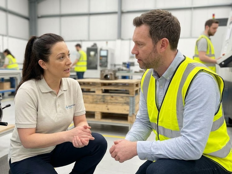 Health provider discussing tasks with a worker on-site 