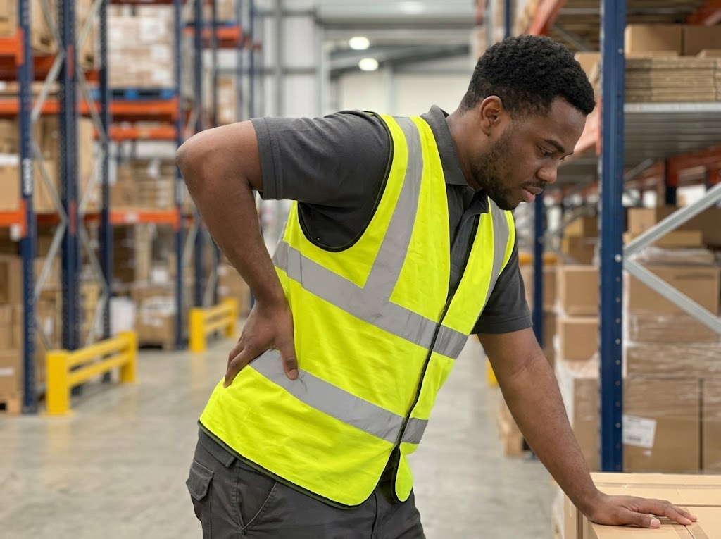 Worker holding lower back in discomfort during task 