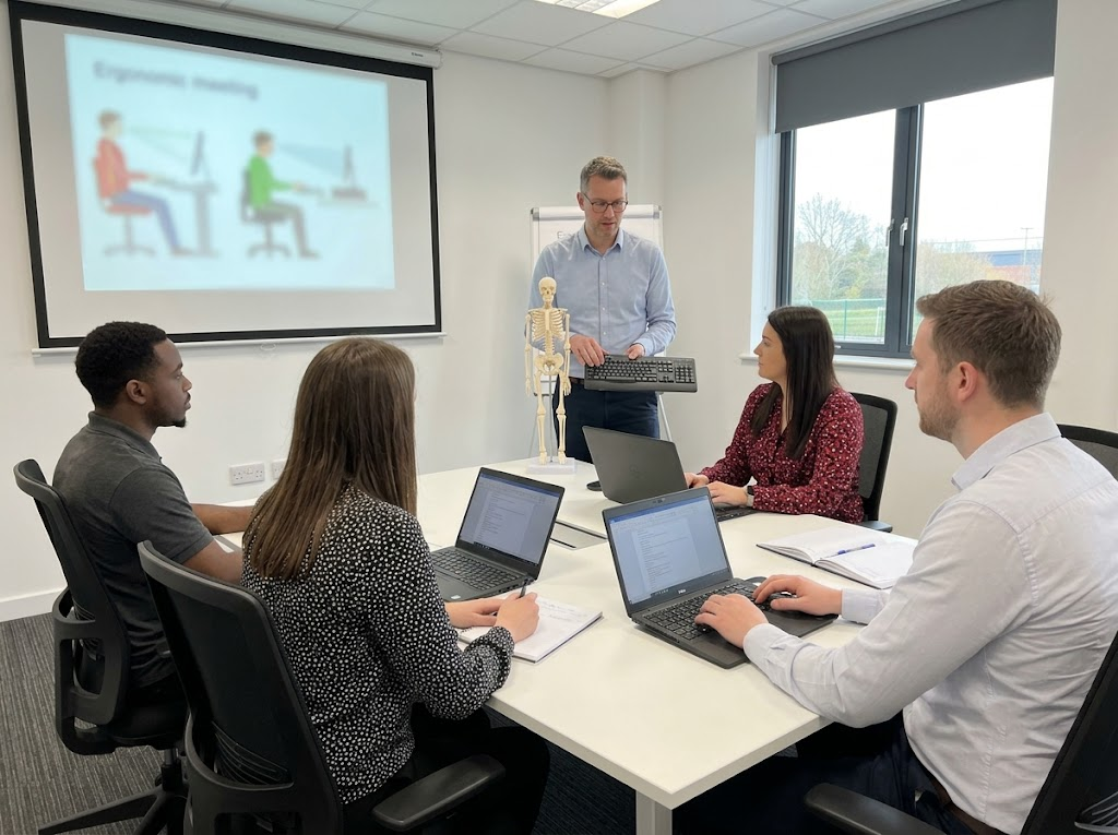 Employees and managers in an ergonomics training session