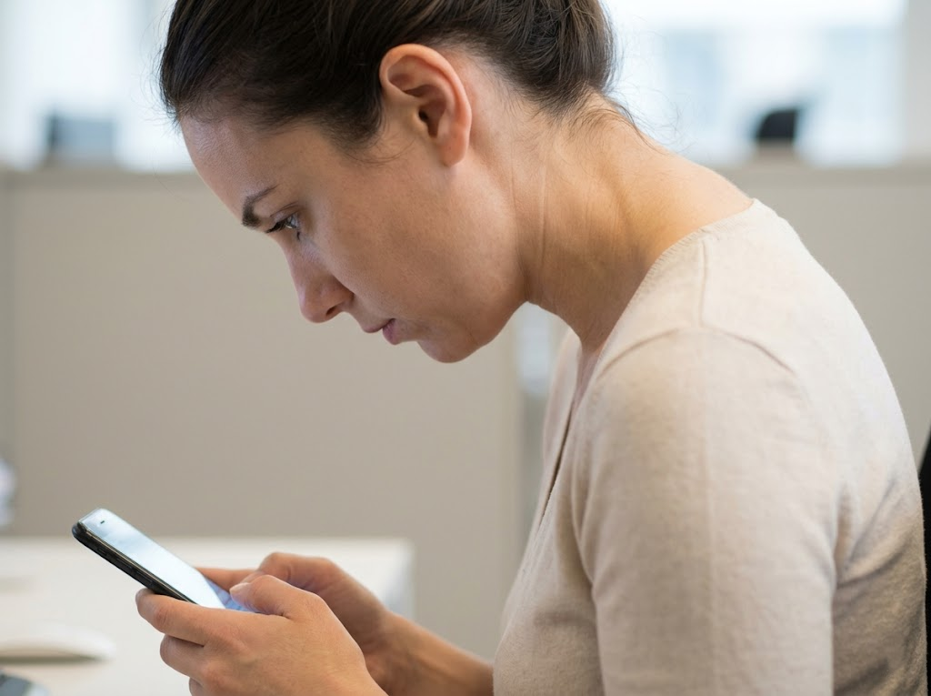 Woman with forward head posture staring down at a phone.Â