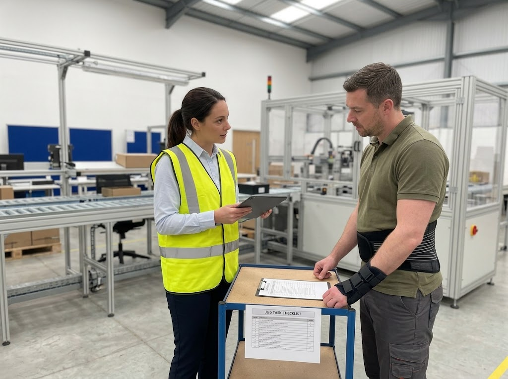 Health provider discussing tasks with a worker on-site 