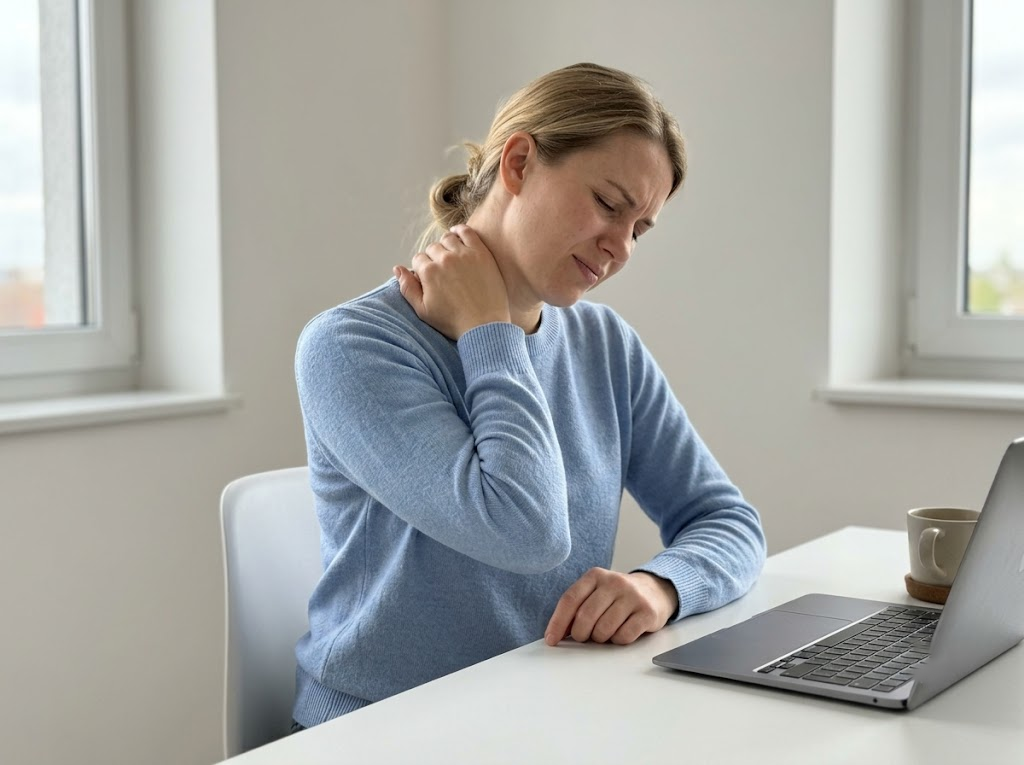 Woman massaging painful tension knot in neck.Â