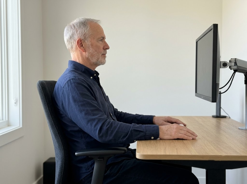 Upright posture at a perfectly adjusted ergonomic workstation.Â
