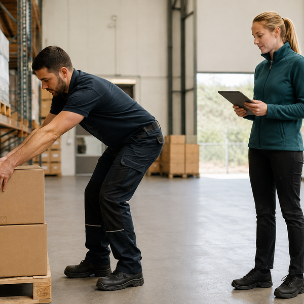 Ergonomist conducting a manual handling risk assessment in a warehouse