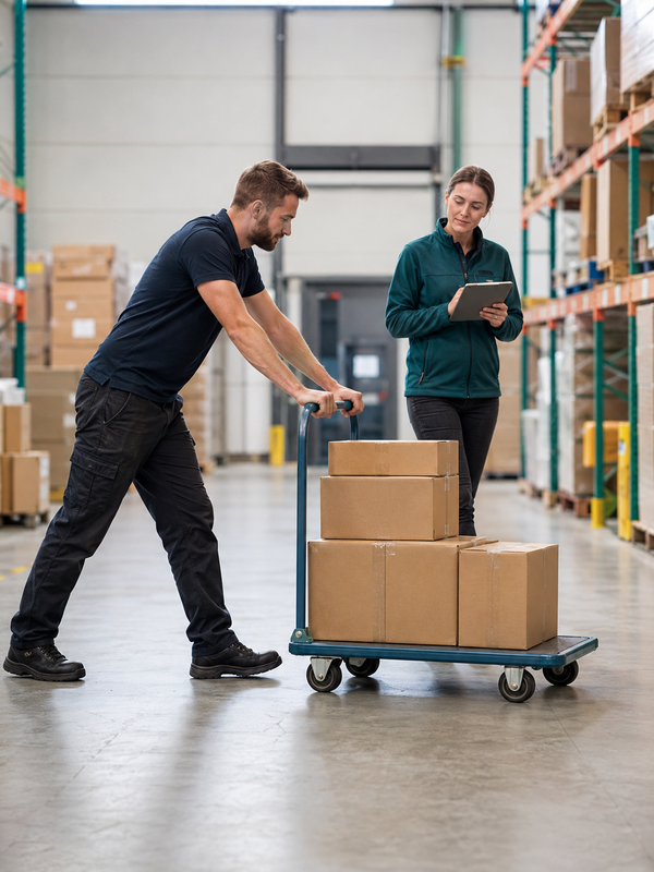 Ergonomist assessing a worker pushing a loaded trolley in a warehouse
